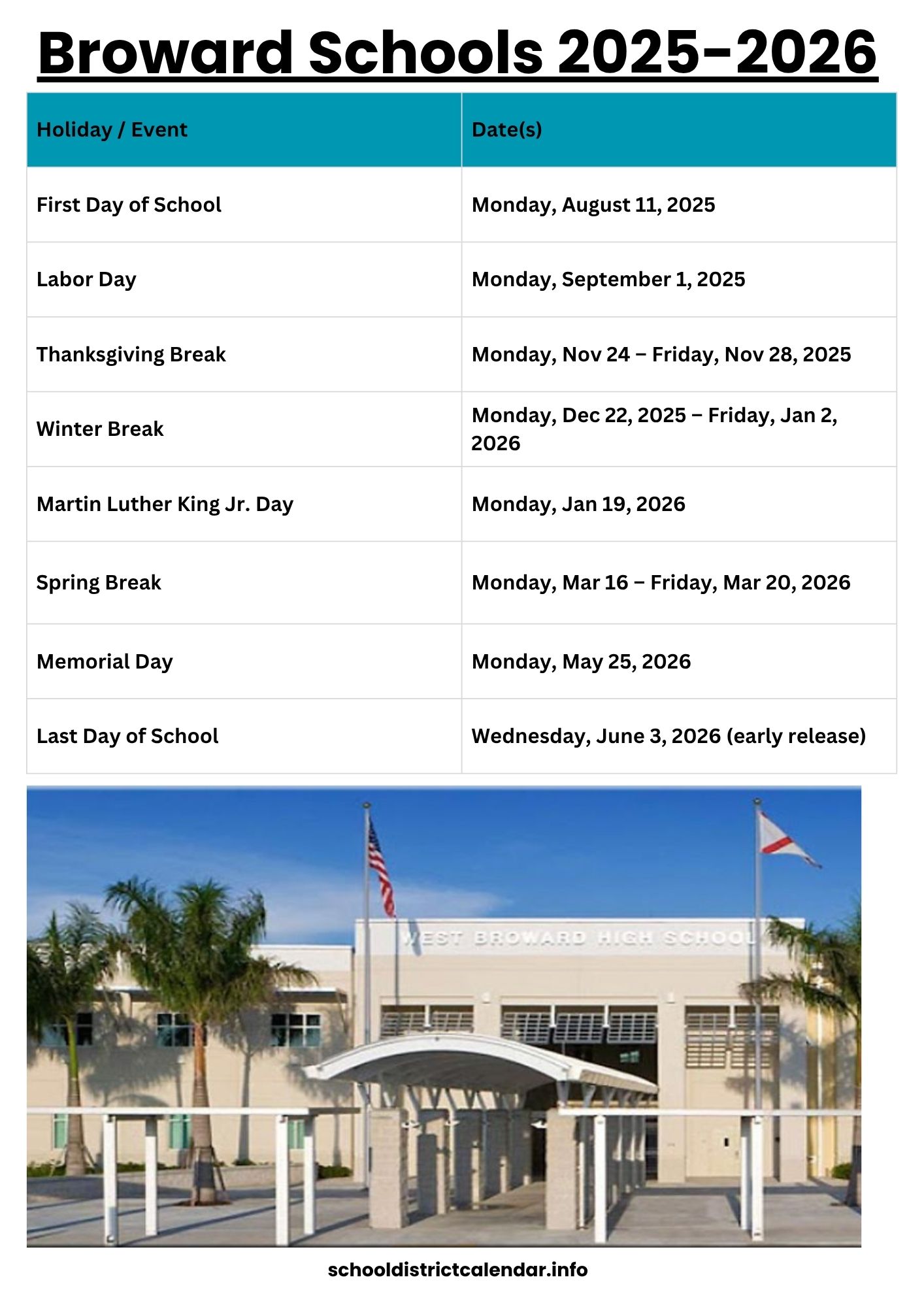 Broward Schools Calendar with Holidays 20252026
