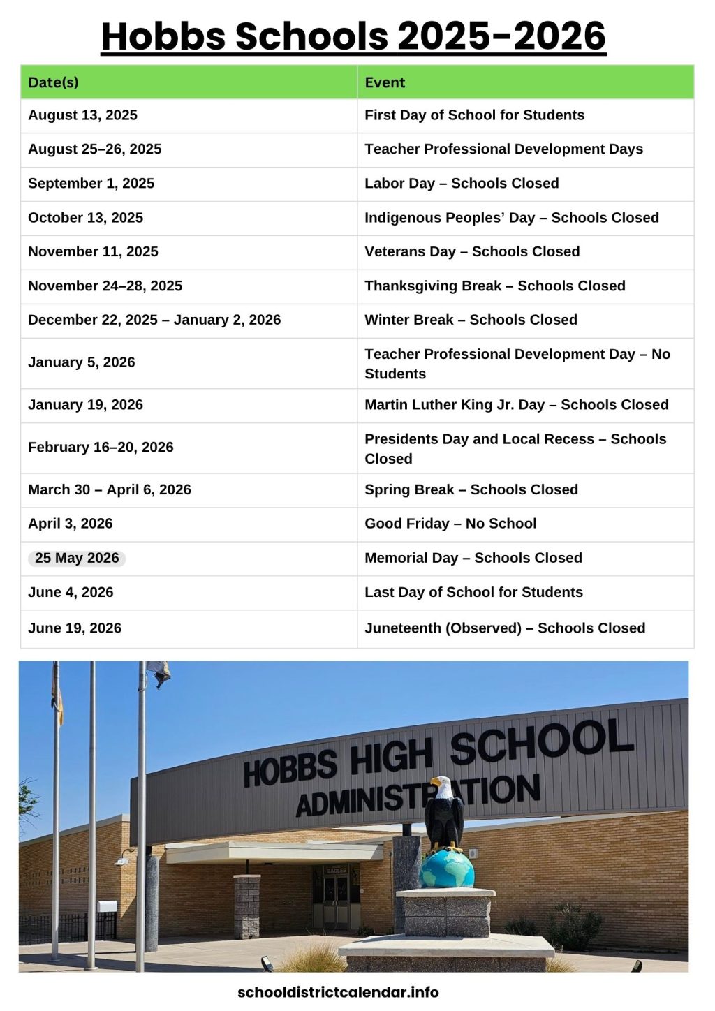 Hobbs Schools Calendar with Holidays 2025 2026