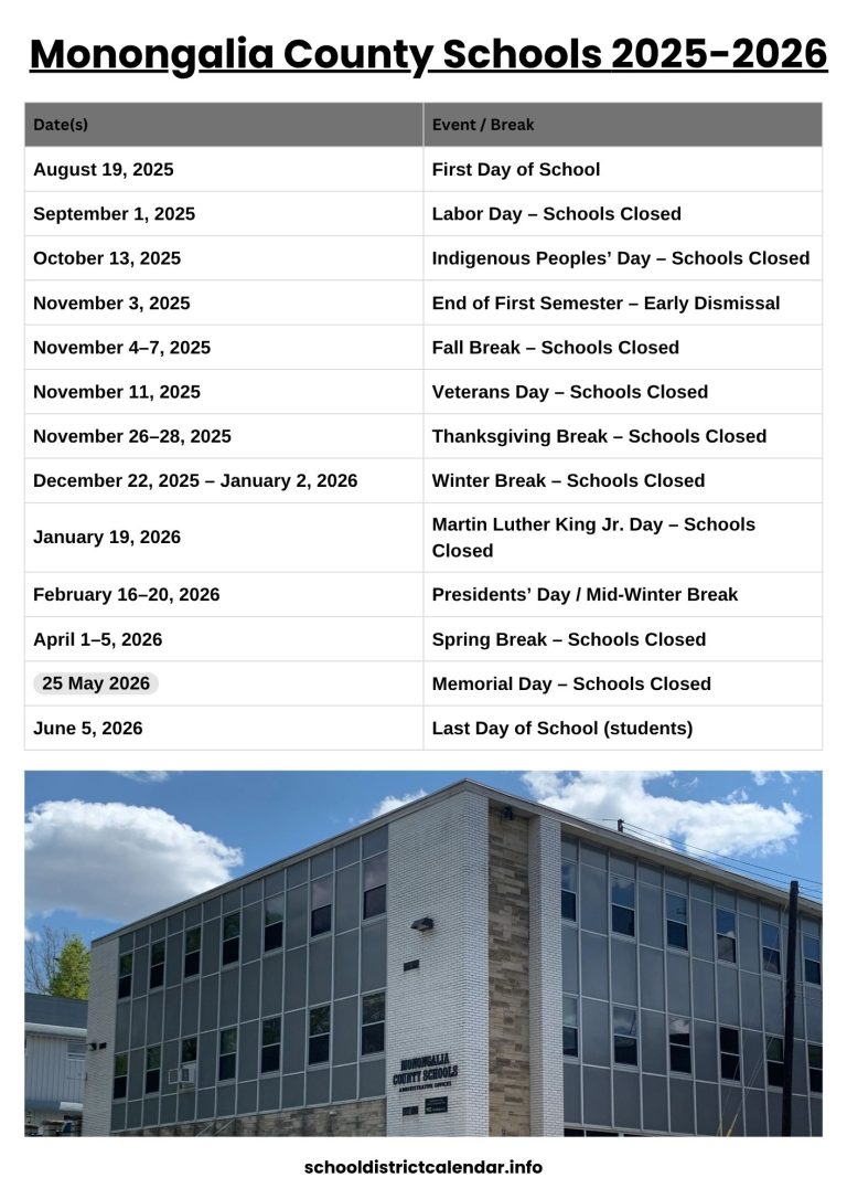 Monongalia County Schools Calendar with Holidays 2025 2026