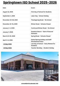 Springtown ISD Calendar with Holidays 2025 2026