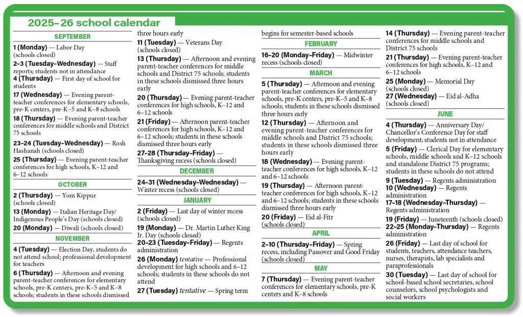 NYC School Calendar