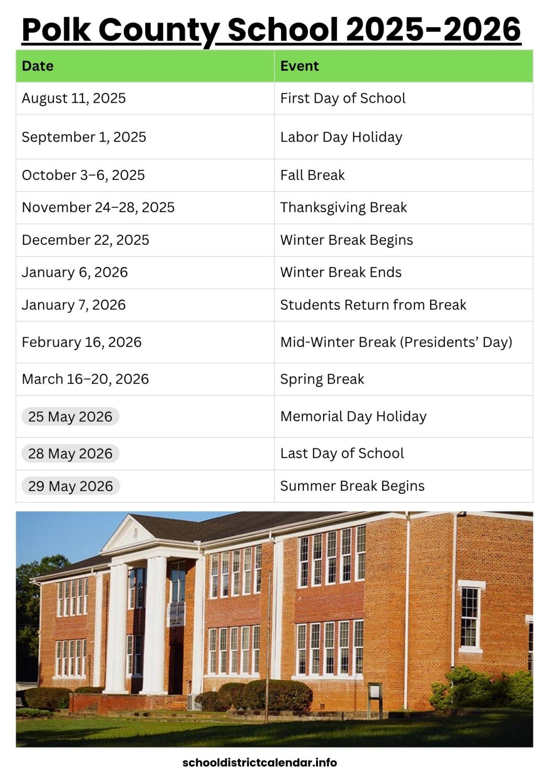 Polk County School Calendar with Holidays 2025-2026