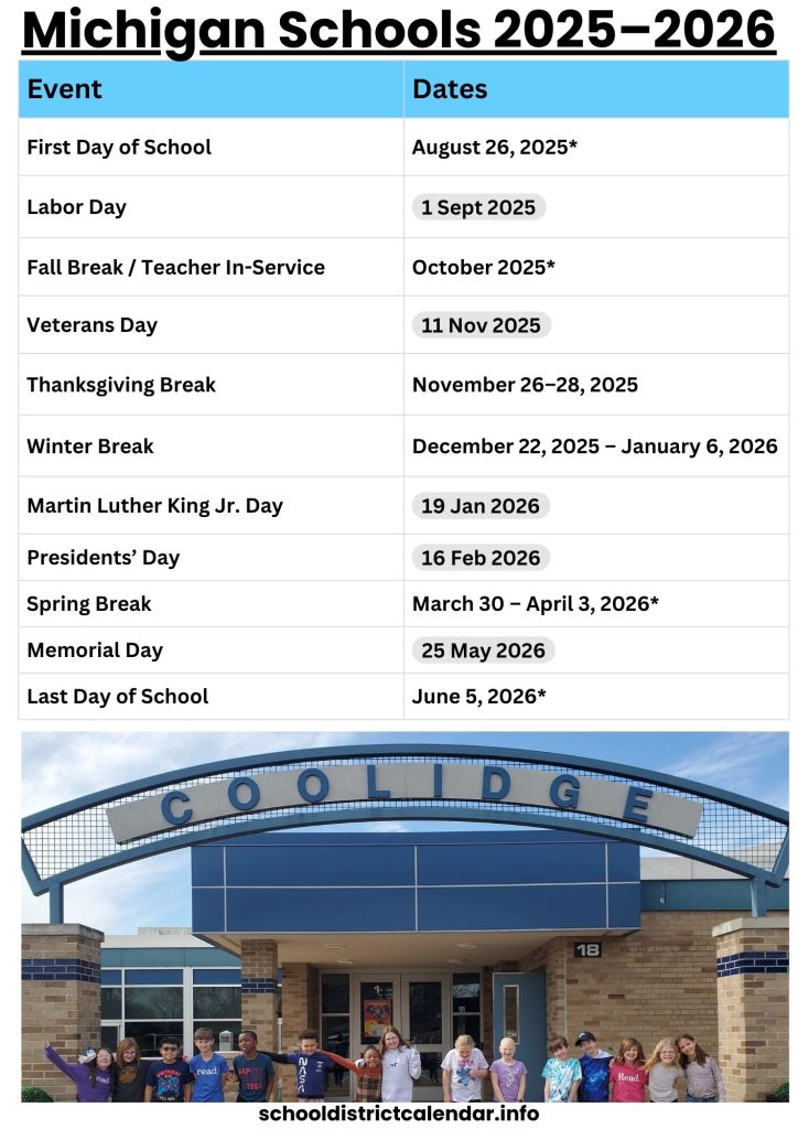 Michigan Schools Calendar with Holidays 2025 2026 MI